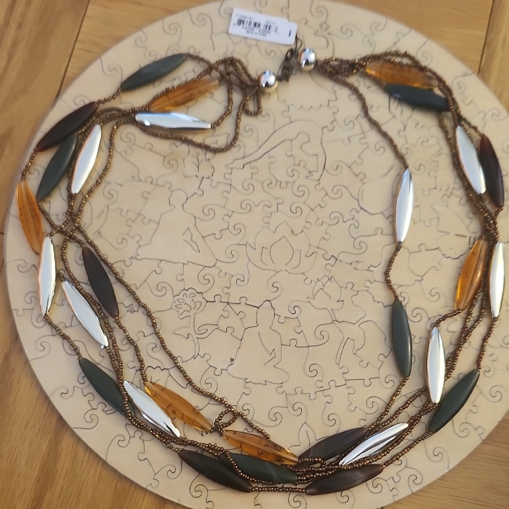 Multi-Strand Leaf Pendant Necklace in Green, Amber & Silver  (BUNDLE)